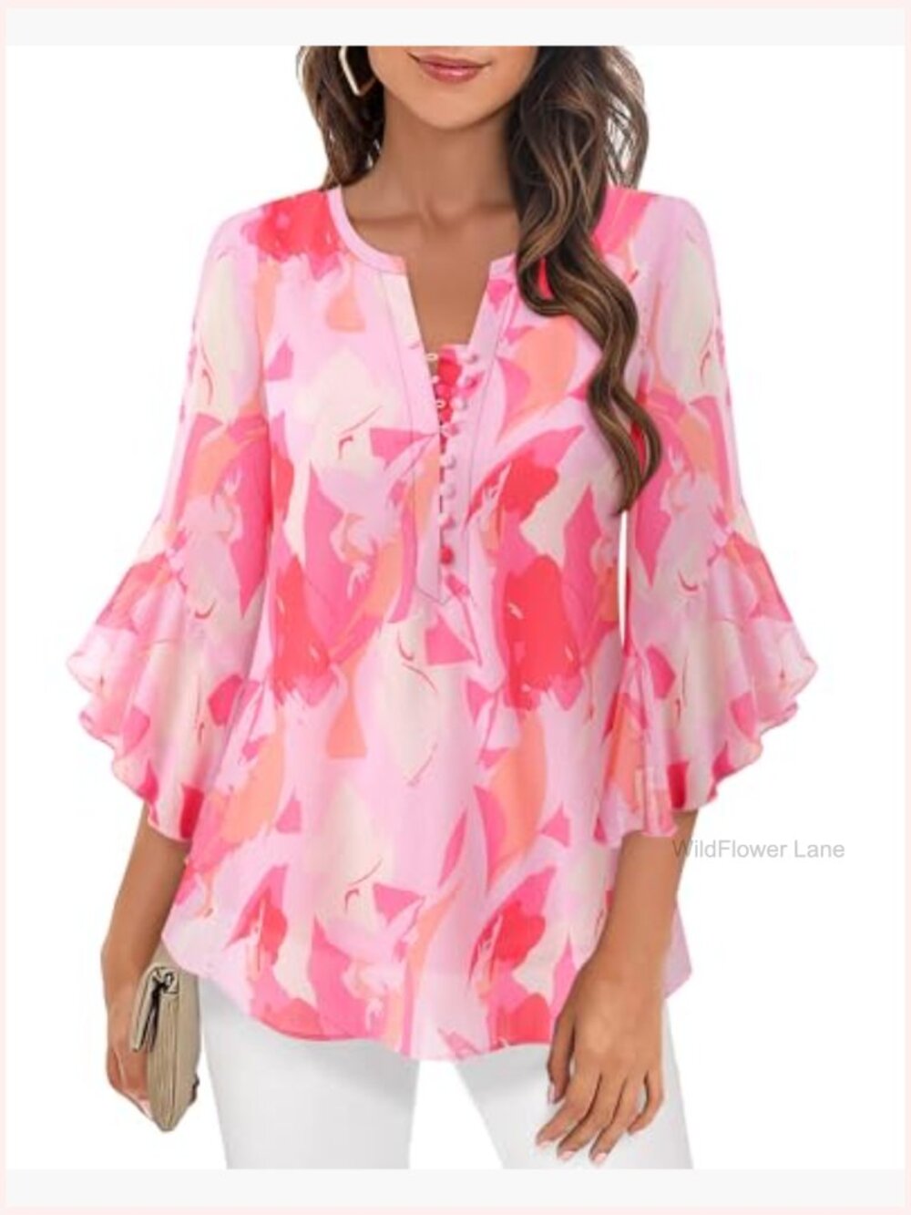 3/4 Length Sleeve Womens Blouse Dressy Casual Button Down V Neck Pullover Top - Picture 3 of 7
